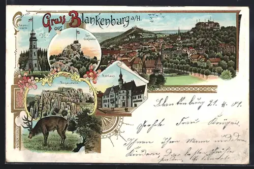 Lithographie Blankenburg / Harz, Kaiserwarte, Rathaus, Regensteine, Ortsansicht