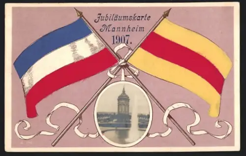 Künstler-AK Mannheim, Jubiläumskarte 1907, Wasserturm, Flaggen mit Seide