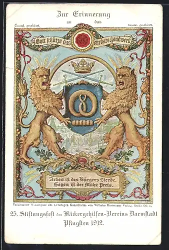Künstler-AK Darmstadt, 25. Stiftungsfest des Bäckergehilfen-Vereins 1912, Zwei Löwen mit dem Wappen