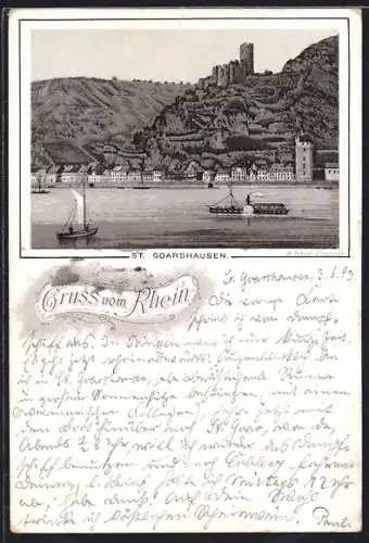 Lithographie St. Goarshausen /Rhein, Ortsansicht vom Rhein aus