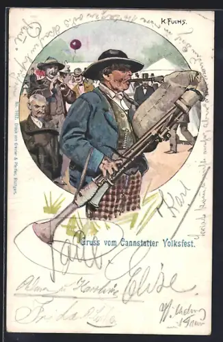 Lithographie Cannstatt, Cannstatter Volksfest, Mann in Tracht mit Blasintrument