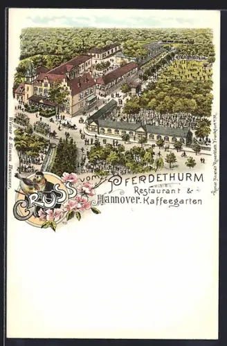Lithographie Hannover, Restaurant Pferdethurm aus der Vogelschau