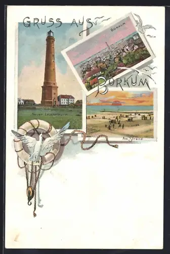 Lithographie Borkum, Neuer Leuchtturm, Ortspanorama, Am Strand
