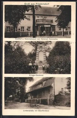 AK Friedersdorf / Mark, Gasthaus Heinrich Hummelke, Krieger-Denkmal, Lindenstrasse mit Oberförsterei