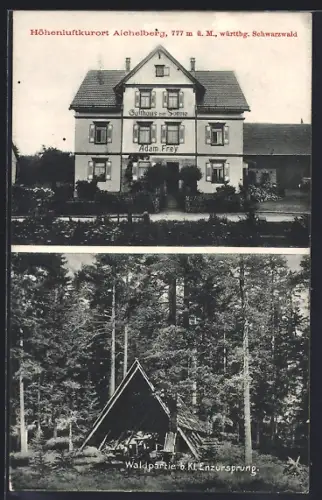 AK Aichelberg / Schwarzwald, Gasthaus z. Sonne, Inh. Adam Frey, Waldpartie, Kl. Enzursprung