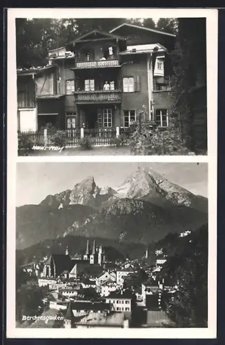 AK Berchtesgaden /Obb., Hotel Pension Georg Murf, Ortsansicht gegen die Berge