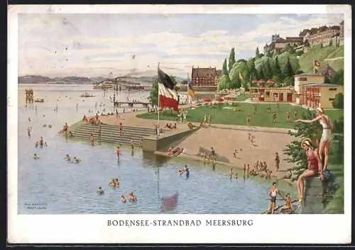 Künstler-AK Meersburg, Bodensee-Strandbad mit Badegästen
