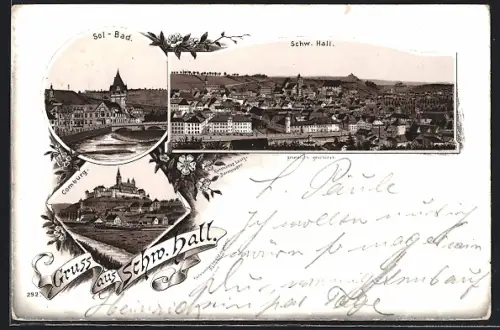 Lithographie Schw. Hall, Sol-Bad, Comburg, Ortspanorama