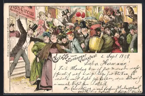 Lithographie Nürnberg, Menschenmenge vor dem Floh-Circus beim Nürnberger Volksfest