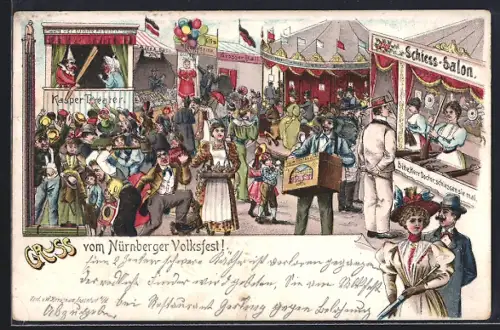 Lithographie Nürnberg, Nürnberger Volksfest, Schiess-Salon und Kasper-Theater