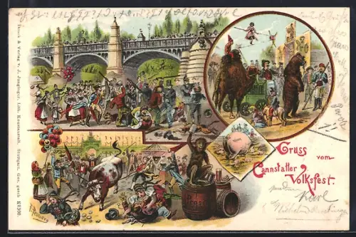 Lithographie Cannstatt, Cannstatter Volksfest, Chaos auf dem Festplatz
