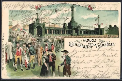 Lithographie Cannstatt, Cannstatter Volksfest, Menschenmenge auf dem Festplatz