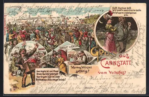 Lithographie Cannstatt, Volksfest, Würstchen-Stand auf dem Festplatz, Buntes Treiben