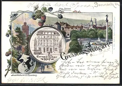 Künstler-AK Stuttgart, Hotel Europäischer Hof, Altes Schloss, Wappen