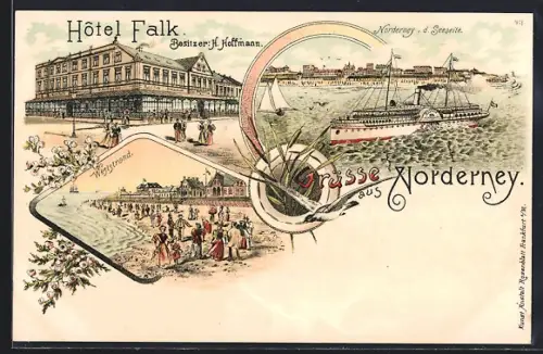Lithographie Norderney, Hotel Falk, Dampfer Najade, Weststrand