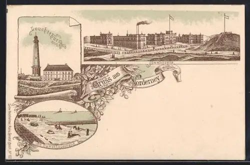 Lithographie Norderney, Seehospiz, Leuchtturm, Damenbadestrand
