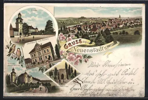 Lithographie Neuenstadt / Linde, Gasthof zum Rössle, Ruine der Helmbundkirche, Linde, Schloss