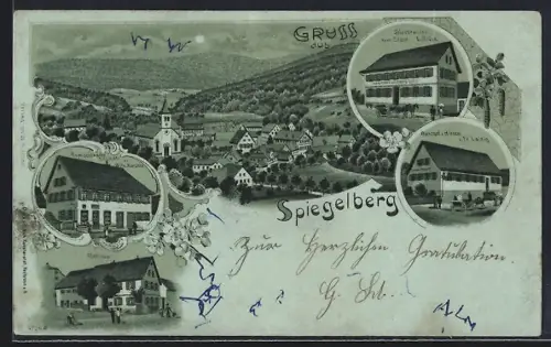 Mondschein-Lithographie Spiegelberg / Wütt., Gasthof z. Hirsch, Bierbrauerei zum Stern, Rathaus