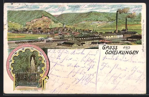 Lithographie Schelklingen, Ortsansicht mit Fabrik und Bahngleisen, Lourdes-Grotte