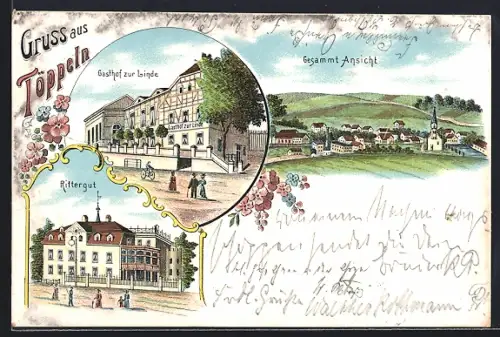 Lithographie Töppeln, Gasthof zur Linde, Rittergut, Totalansicht
