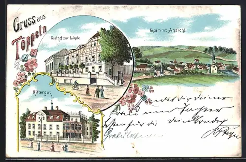 Lithographie Töppeln, Gasthof zur Linde, Rittergut, Gesamtansicht