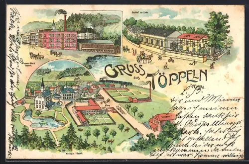 Lithographie Töppeln, Gasthof zur Linde, Pappen-Fabrik, Rittergut Töppeln