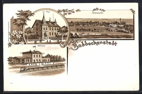 Lithographie Baddeckenstedt, Totalansicht, Post und Bahnhof