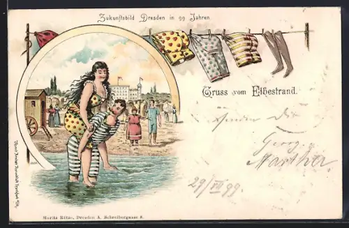 Lithographie Dresden, Mann trägt Frau am Elbestrand ins Wasser, Zukunftsbild Dresden in 99 Jahren