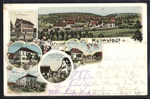 Lithographie Helmstadt / Baden, Gasthaus z. goldenen Adler, Müller`s Bäckerei u. Specerei-Geschäft, Wasserschloss