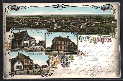 Lithographie Alsheim, Gsthaus zur guten Quelle, Geschäftshaus E. Friedrich, Post