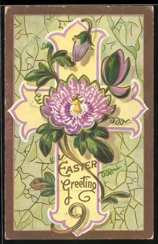 Präge-AK Easter Greeting, Kreuz mit violetter Blüte