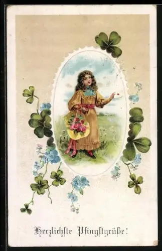 AK Kleines Mädchen mit Brief im Kleeblatt-Passepartout, Herzliche Pfingstgrüsse