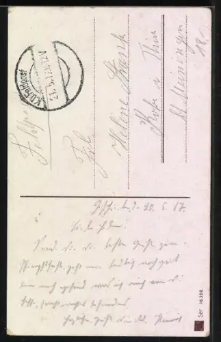 AK Kleines Mädchen mit Brief im Kleeblatt-Passepartout, Herzliche Pfingstgrüsse