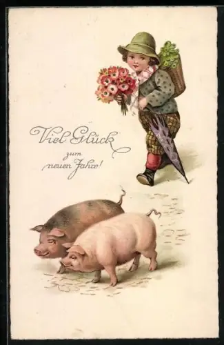 AK Kind mit Blumen, Schirm und zwei Glücksschweinen, Neujahrsgruss