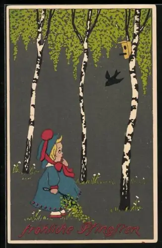 AK Fröhliche Pfingsten, Mädchen beobachtet einen Vogel