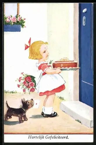 AK Mädchen bringt Kuchen und Blumen an die Haustür, Hartelijk Gefeliceteerd