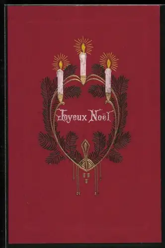 Präge-AK Joyeux Noel, Brennende Kerzen auf einem Tannenzweig
