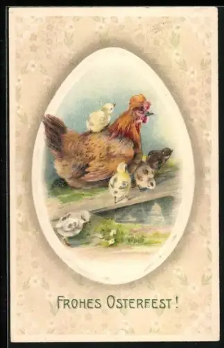 Präge-AK Henne und Osterküken am Ufer, Osterei-Passepartout