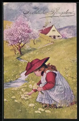 AK Fröhliche Pfingsten, Mädchen pflückt Blumen am Bachufer