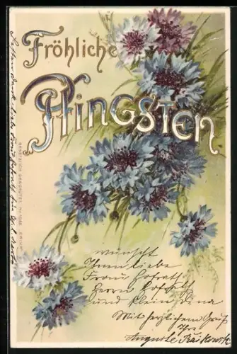 Präge-AK Blühende Kornblumen mit Pfingsgruss
