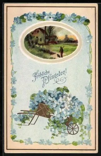 Präge-AK Fröhliche Pfingsten, Gehöft im Passepartout mit Blumenkarren