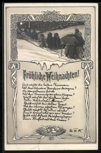 AK Verschneiter Weg vor einem Dorf, Fröhliche Weihnachten