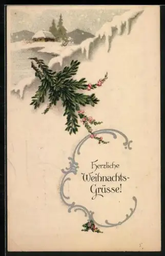 AK Verschneite Landschaft mit Eibenzweig und Weihnachtsgruss