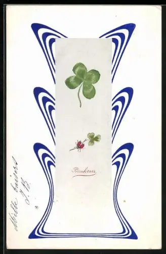 AK Kleeblätter und Marienkäfer im Jugendstil-Passepartout