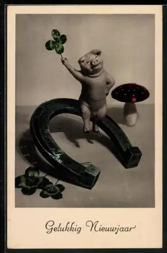 AK Hufeisen mit Glücksschwein und Kleeblättern, Gelukkig Nieuwjaar