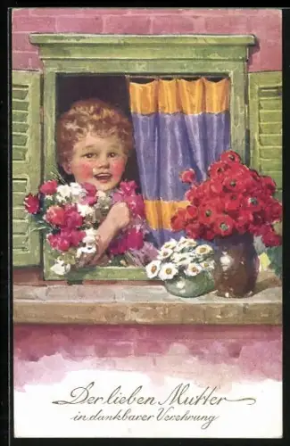 Künstler-AK Kleines Kind mit Blumenstrauss gratuliert zum Muttertag