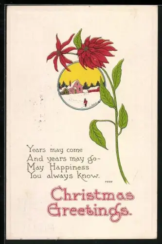 AK Verschneites Dorf im Passepartout mit Weihnachtsstern, Christmas Greetings
