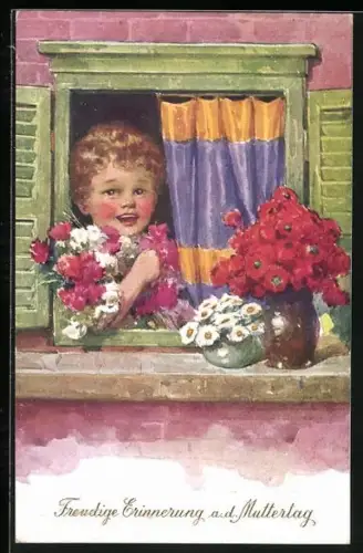 AK Kind am Fenster mit Blumenstrauss, Freudige Erinnerung a. d. Muttertag