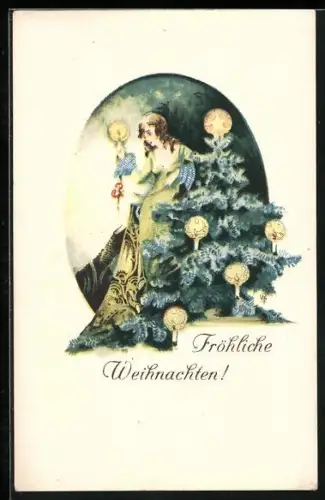 Künstler-AK Erni Schob-Posch: Fröhliche Weihnachten, Mädchen neben geschmücktem Christbaum