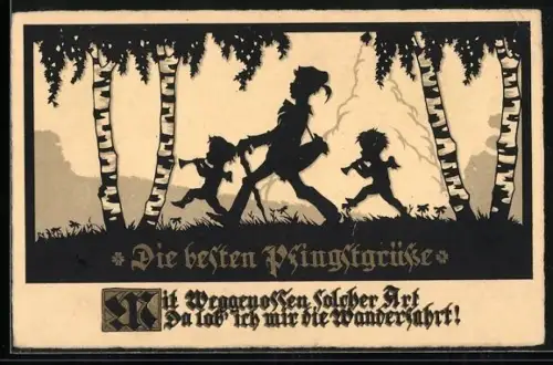 AK Wanderer und kleine Engel im Birkenwald, Pfingstgrüsse